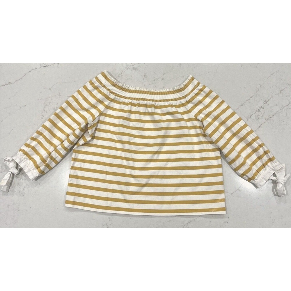 J Crew Top Shirt M Golden Yellow Striped 3/4 Tie Sleeve Off Shoulder Cottagecore